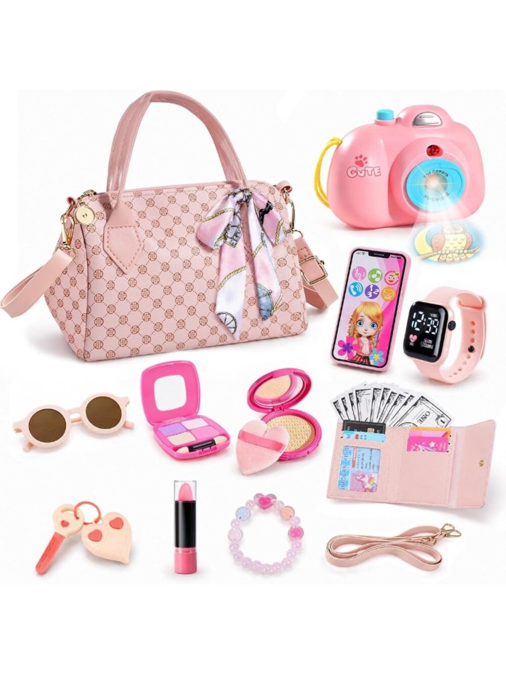 32-Piece Pretend Play Purse Set for Girls - Handbag, Toy Phone, Makeup & More!